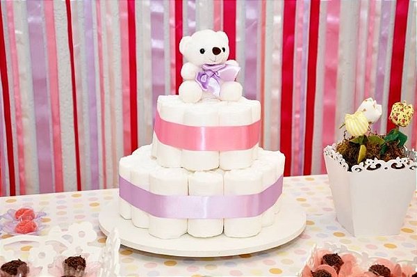 bolo de fralda rosa e lilas