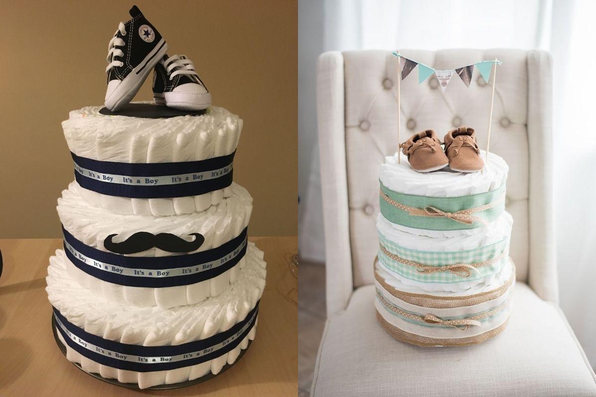 bolo de fraldas vs cesta de presentes para chá de bebê
