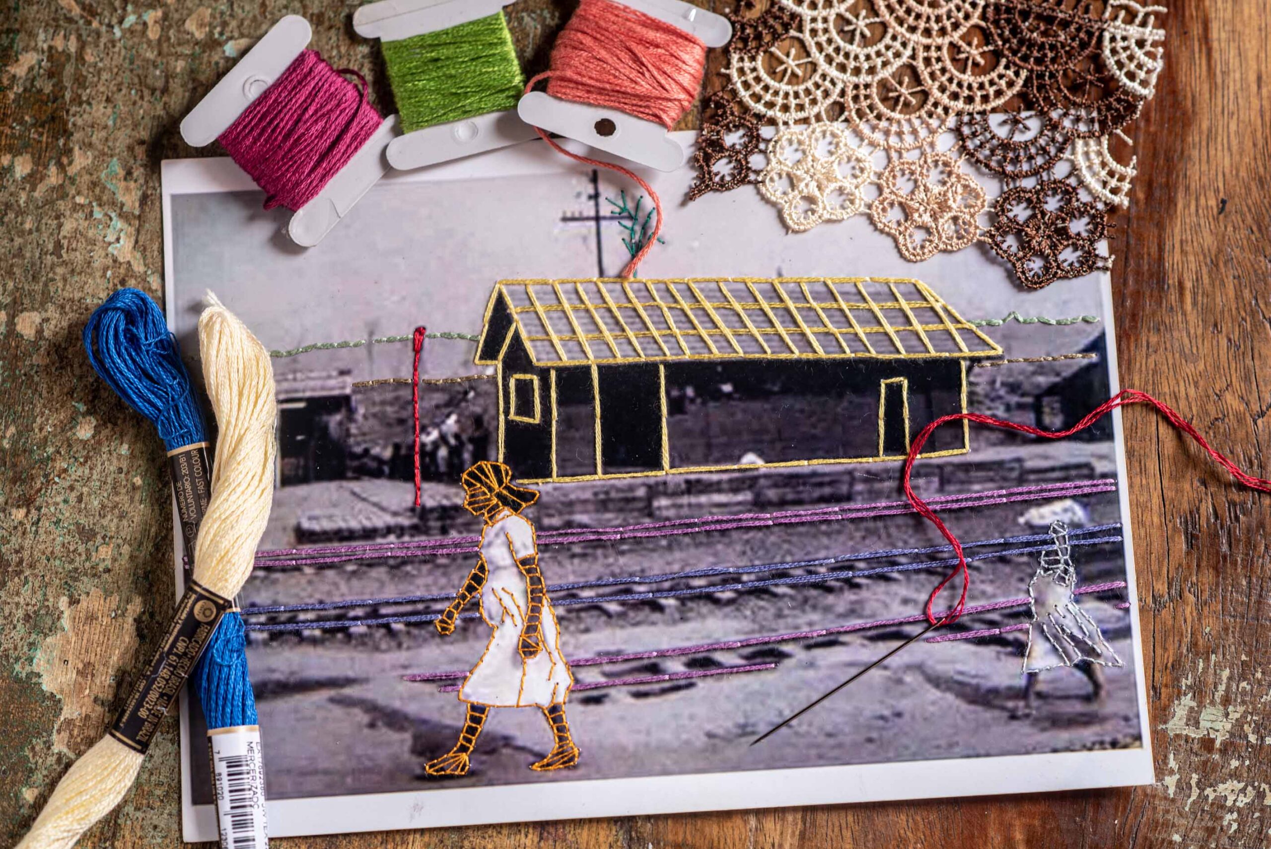 bordado em fotografia impressa em tecido