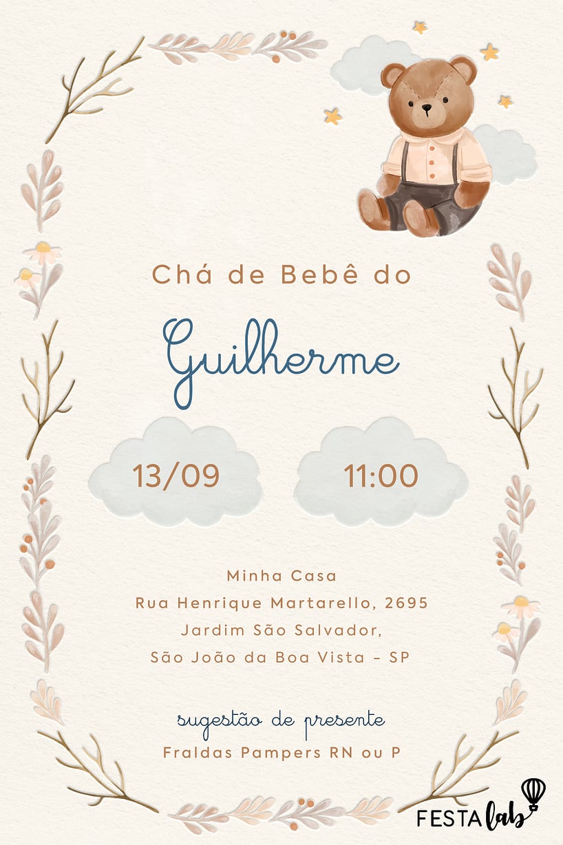convite de chá de bebê menino