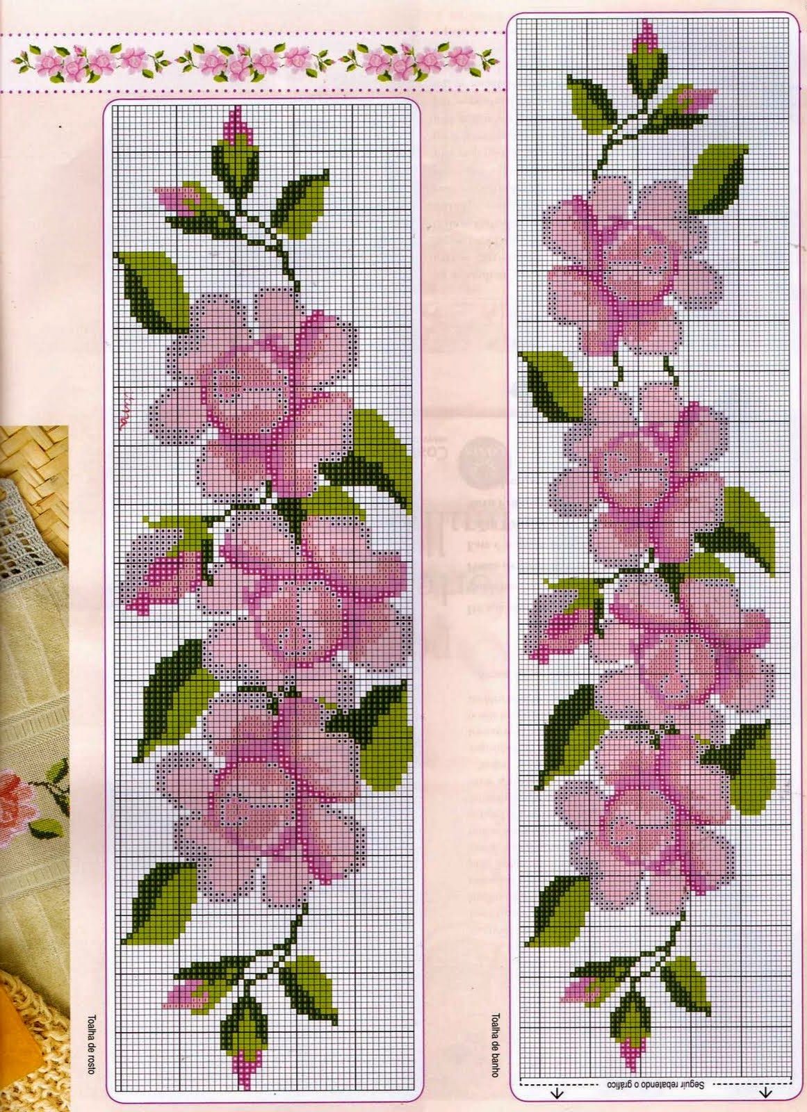 Padrões de ponto cruz florais e delicados para toalhas de lavabo.