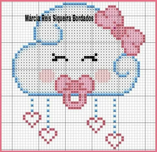 Gráficos de ponto cruz para toalhinhas de bebê com temas de animais e personagens.