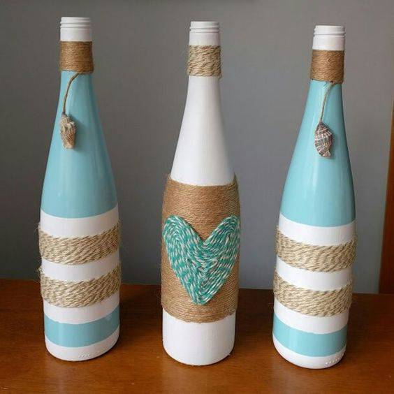 garrafas decoradas com barbante azul