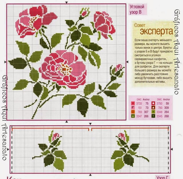 gráficos de rosas em ponto cruz para caminho de mesa