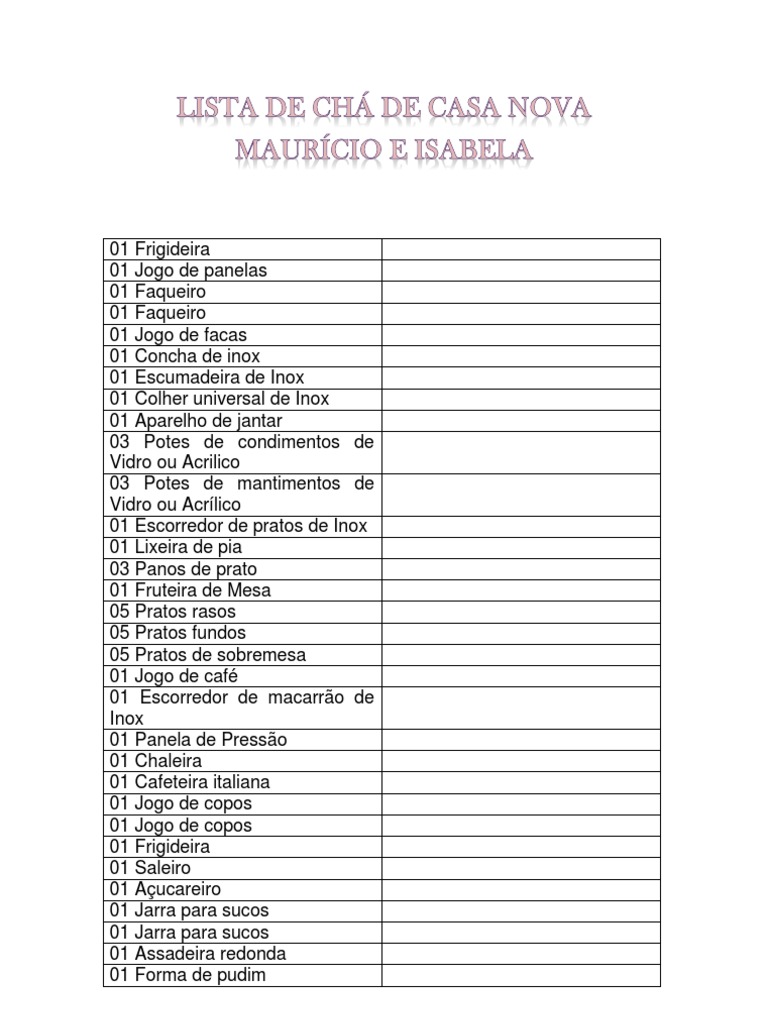 lista de chá de casa nova editável