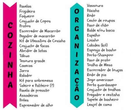 lista de presentes para chá de casa nova