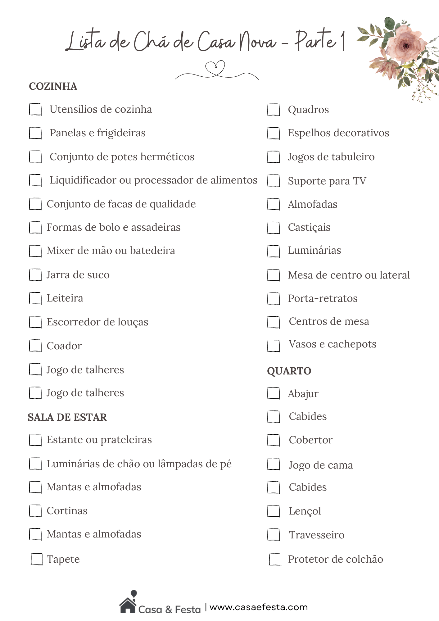 lista de presentes para chá de casa nova