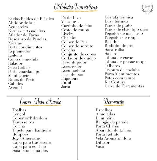 lista de chá de casa nova para apartamento pequeno