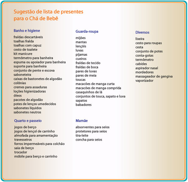 lista de presentes chá de fraldas simples e útil