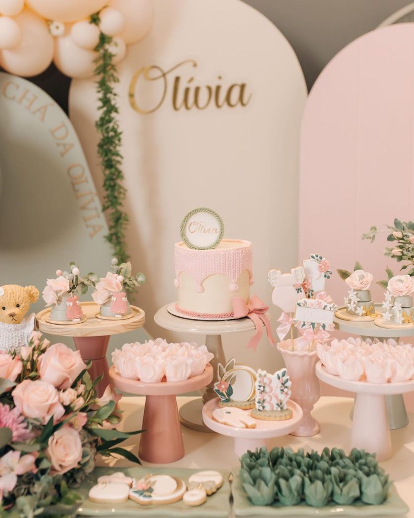 mesa cha de fraldas menina tema jardim encantado