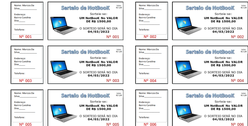 modelo de bilhete de rifa