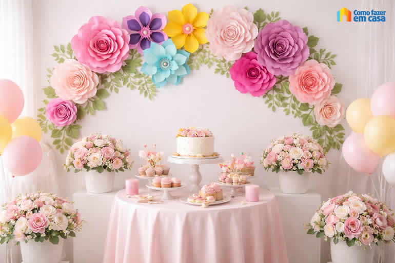 ideias de painel de flores de papel para festa infantil