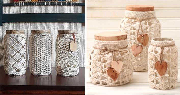 potes de vidro decorados com croche