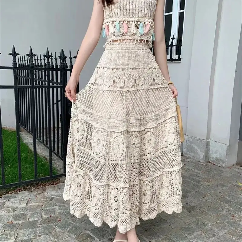 Saia longa de crochê com ponto abacaxi