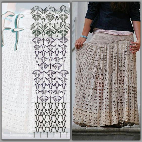 Saia longa de crochê com gráfico passo a passo