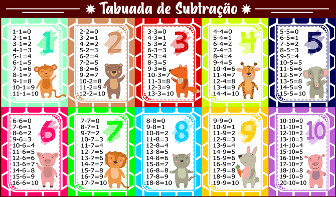 tabuada de subtração colorida para imprimir
