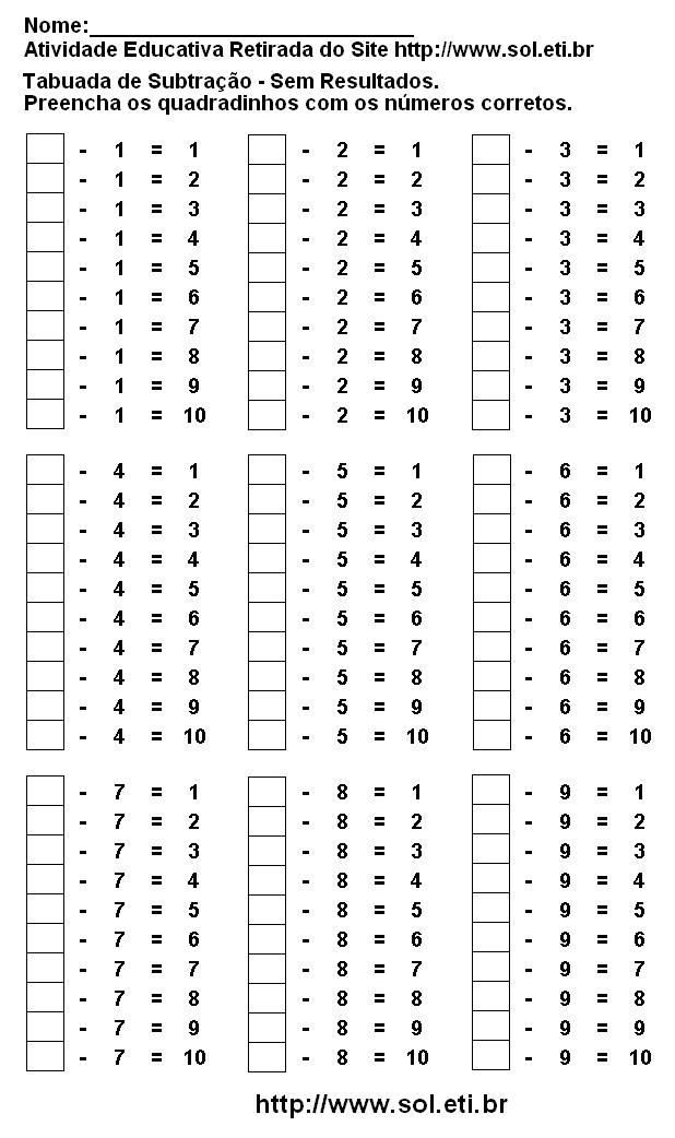 tabuada de subtração para imprimir e colorir