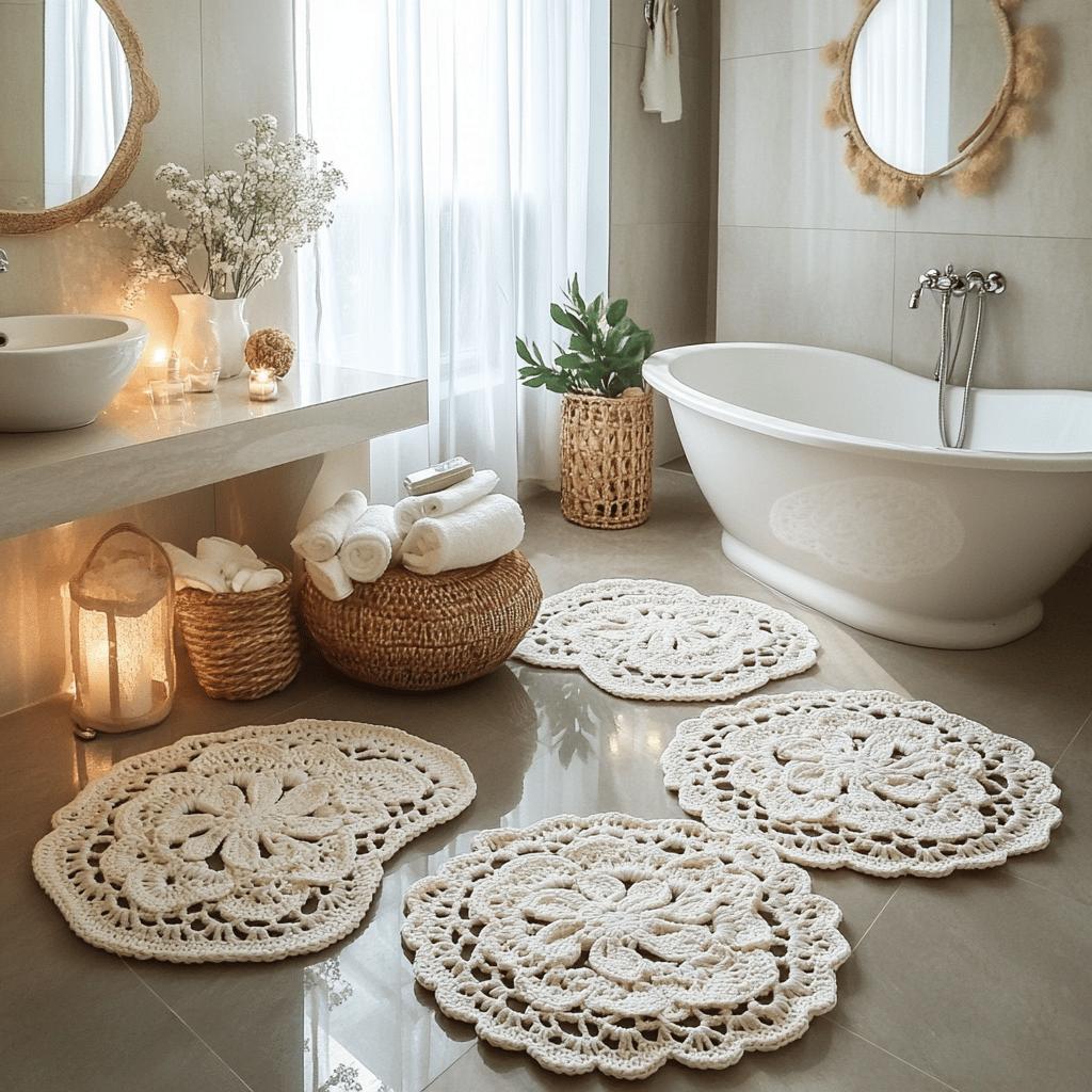 tapete de croche com flores de banheiro