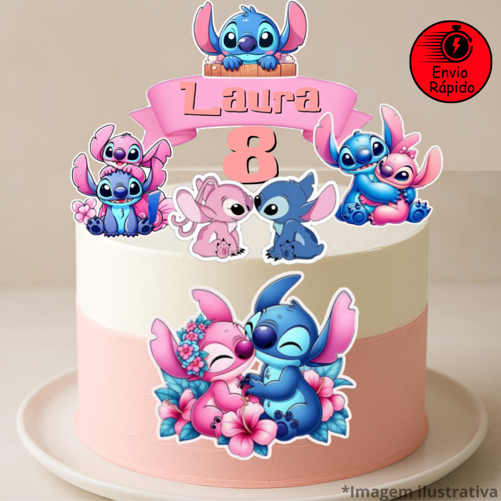 topo de bolo stitch e angel para aniversário