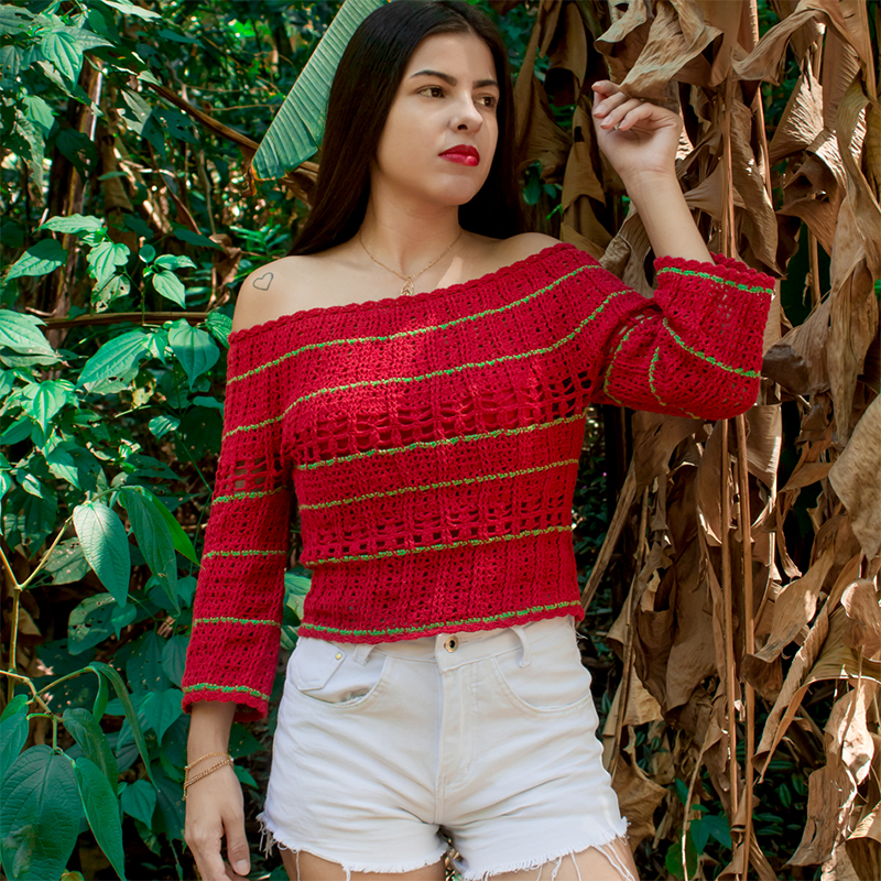 cropped de crochê manga curta