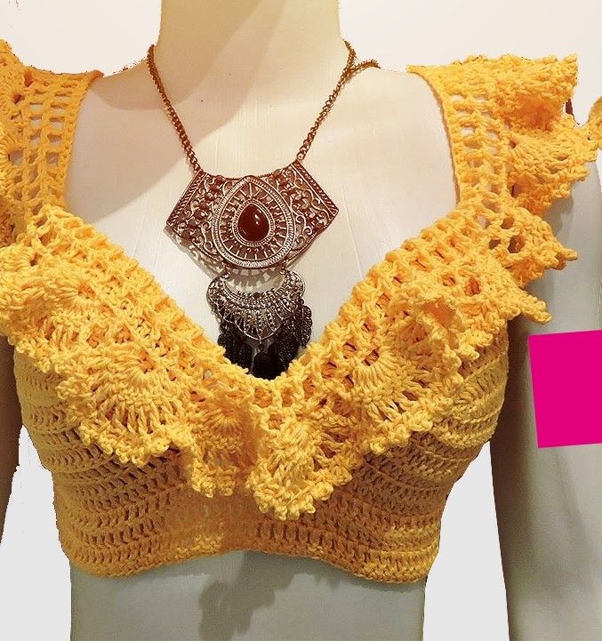 cropped de crochê manga longa