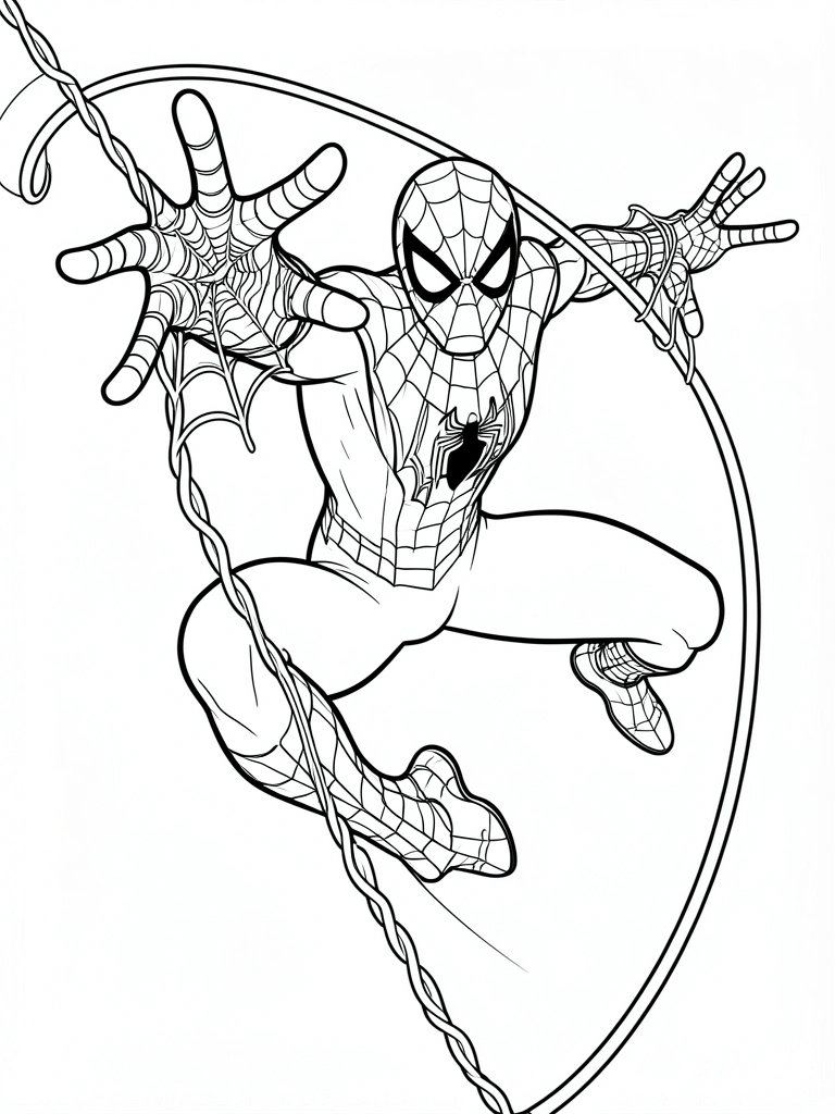 Homem-Aranha em preto e branco, estilo coloring book, em pose de balanço com teias saindo dos pulsos, fundo branco puro.
