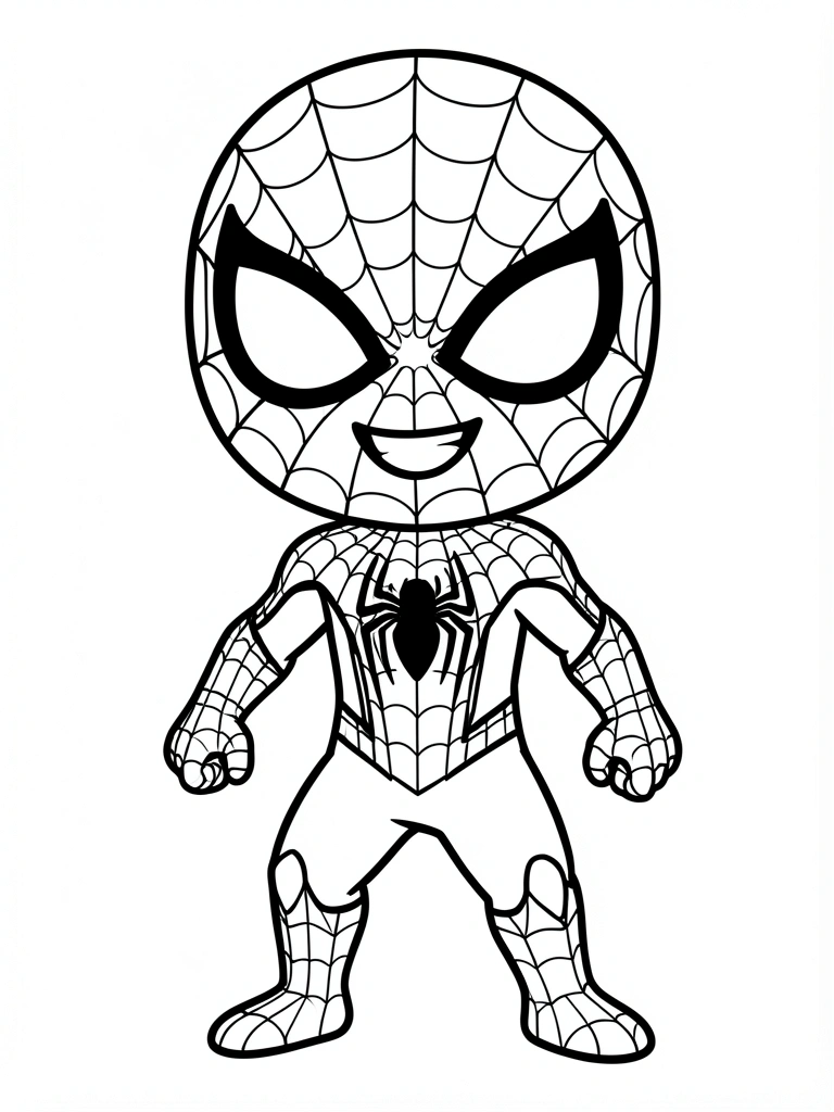 Linhas pretas nítidas em fundo branco puro, desenho de Homem-Aranha chibi com olhos grandes e sorriso largo, teias intrincadas no uniforme, postura dinâmica.