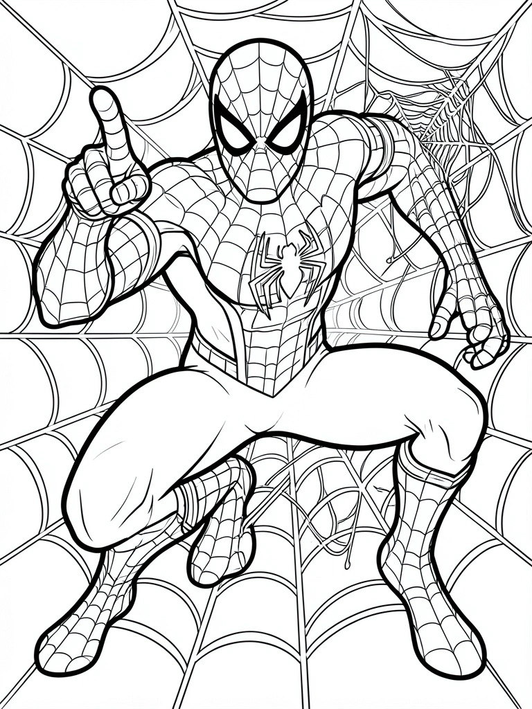 Arte linear preto e branco de um Homem-Aranha em pose dinâmica, apontando o dedo, com uma grande teia de aranha em primeiro plano, fundo branco puro.