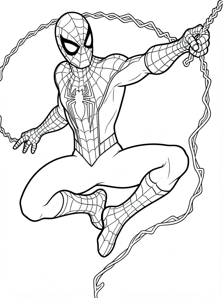 Desenho em preto e branco, estilo coloring book, do Homem-Aranha em pose de ação, segurando uma teia, com fundo branco puro.