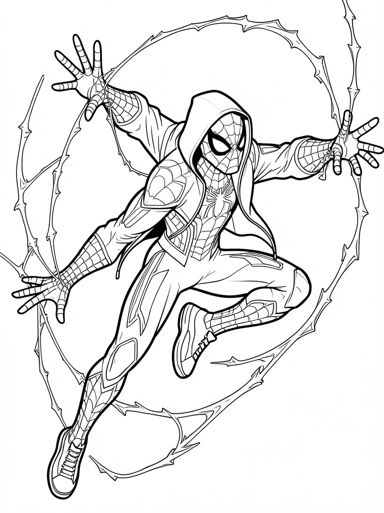 Traços pretos nítidos sobre fundo branco puro: Homem-Aranha em estilo de livro de colorir, pulando com teias saindo das mãos e pés, jaqueta com capuz e terno com padrão de teia.
