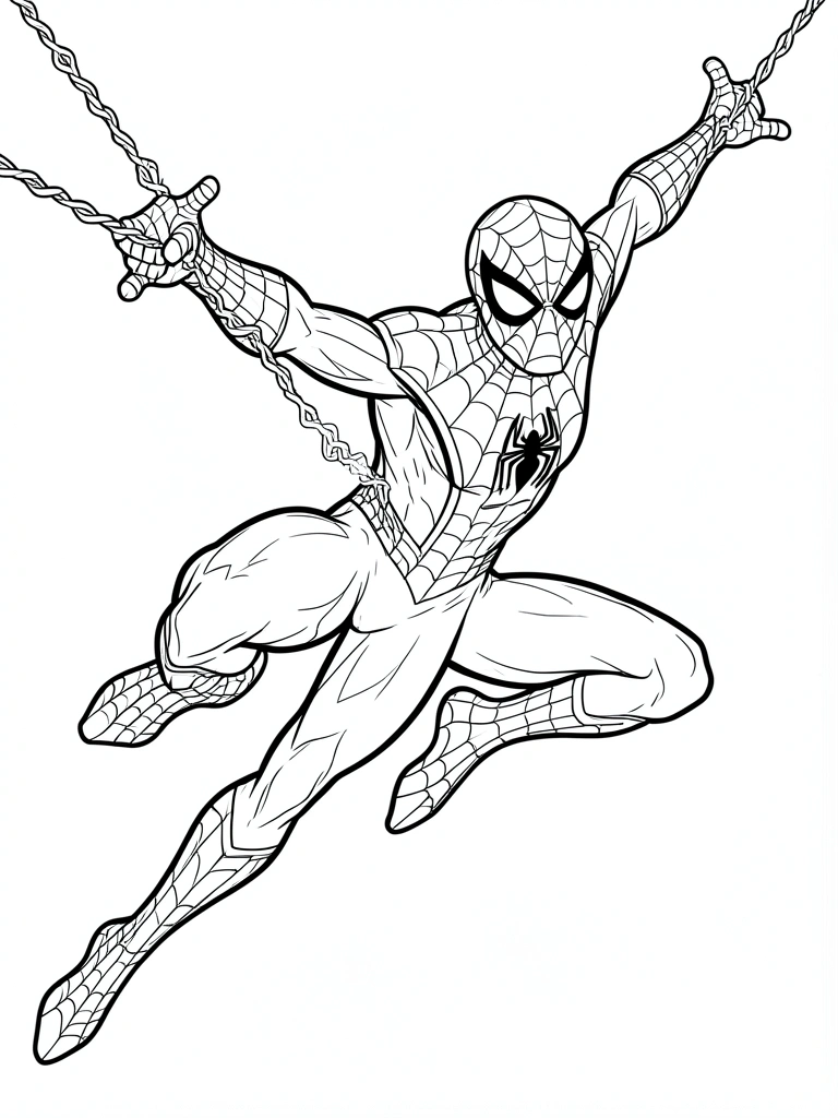 Desenho em preto e branco, linha fina, do Homem-Aranha em pose de balanço no ar, com teias ligando seus membros, fundo branco puro.
