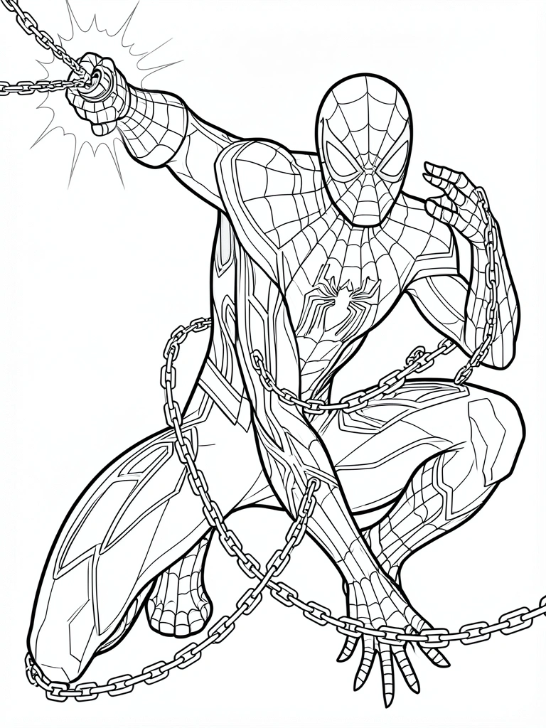 Homem-Aranha em pose de luta, com traje futurista de linhas geométricas, teias e placas de armadura, segurando um lançador de teias brilhante e uma corrente metálica.