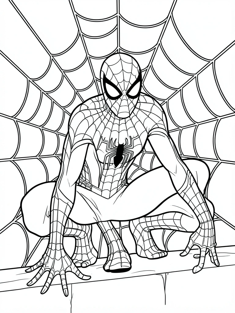 Arte linear preto e branco de Homem-Aranha em pose agachada, com teias saindo das mãos e pés formando padrão de teia ao fundo, fundo branco puro.