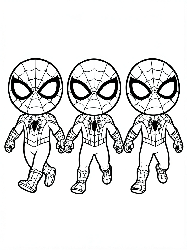 Três Homens-Aranha em preto e branco, estilo cartoon, com olhos grandes e poses de caminhada, fundo branco.