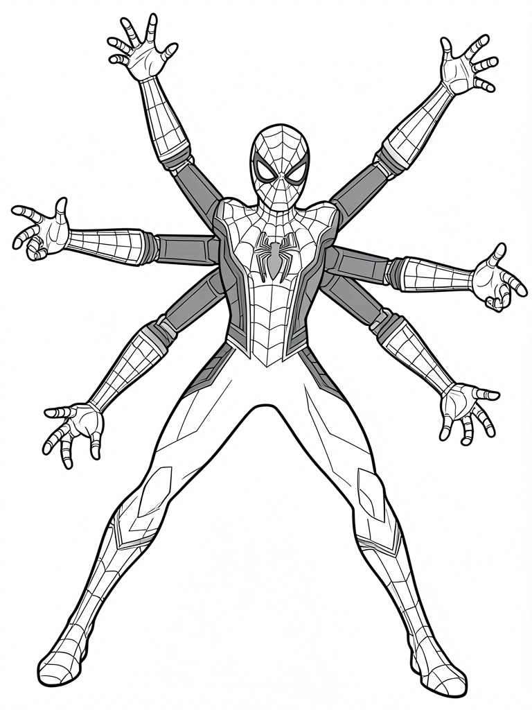 Desenho em preto e branco de um traje do Homem-Aranha com oito braços articulados estendidos, padrão geométrico de quadrados e retângulos, fundo branco puro.