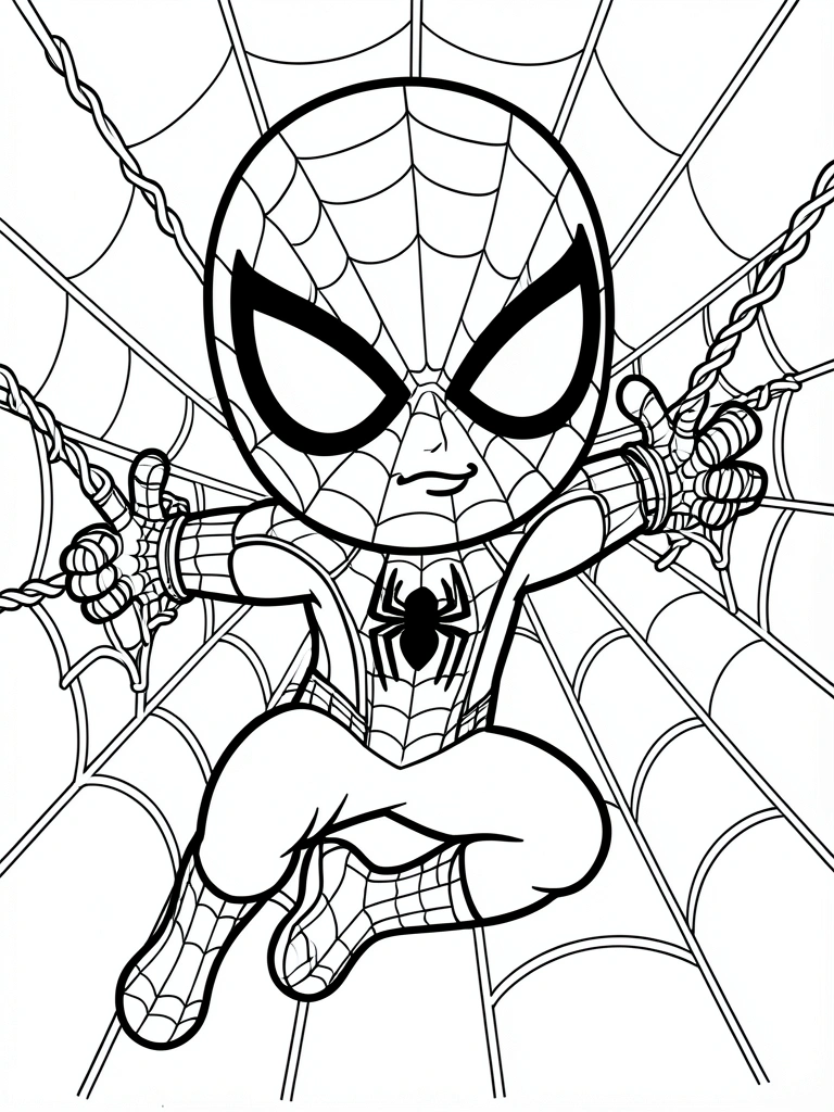 Desenho em preto e branco, estilo coloring book, do Homem-Aranha chibi em pose dinâmica, braços estendidos, teias nos pulsos, fundo branco puro.