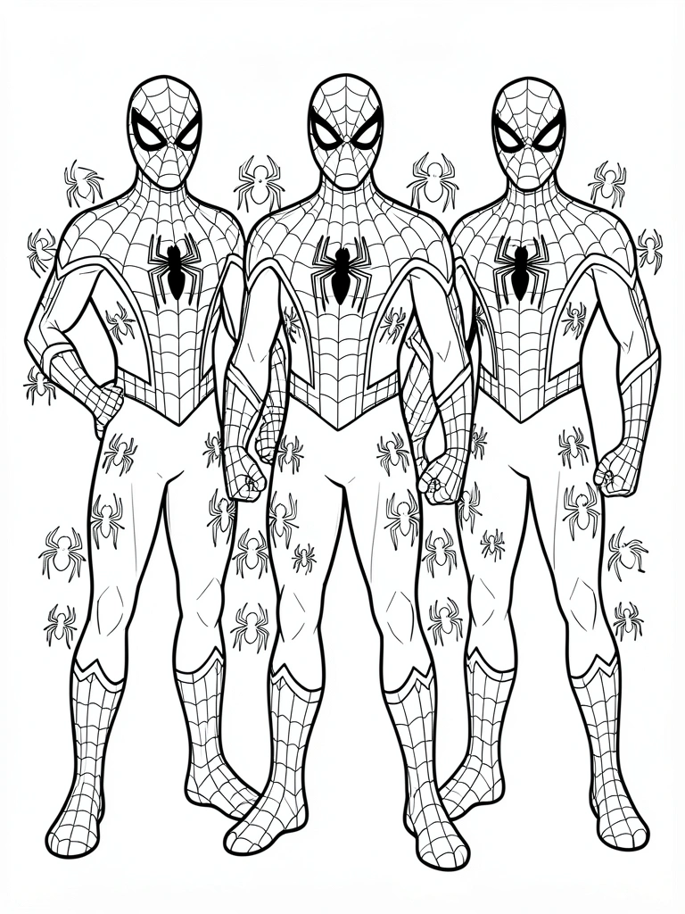 Três Homens-Aranha em preto e branco, linha fina, estilo coloring book, fundo branco, teias e aranhas ao redor.