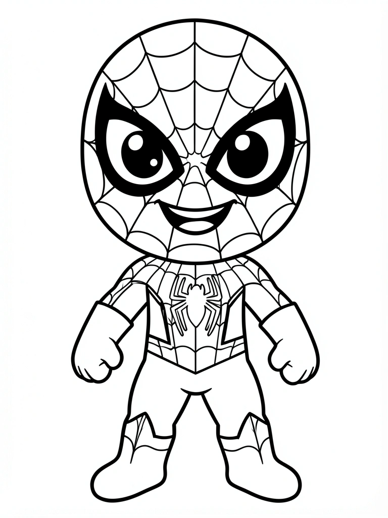 Desenho em preto e branco de Spider-Man estilo chibi, com olhos grandes e sorriso amigável, teias no uniforme e emblema de aranha no peito, fundo branco puro.