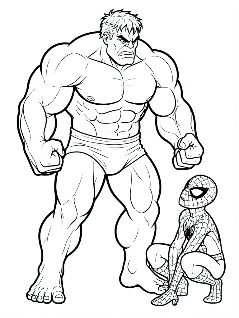 Hulk musculoso de braços cerrados domina cena, enquanto um pequeno Homem-Aranha agachado o encara com expressão preocupada, traços pretos nítidos em fundo branco.