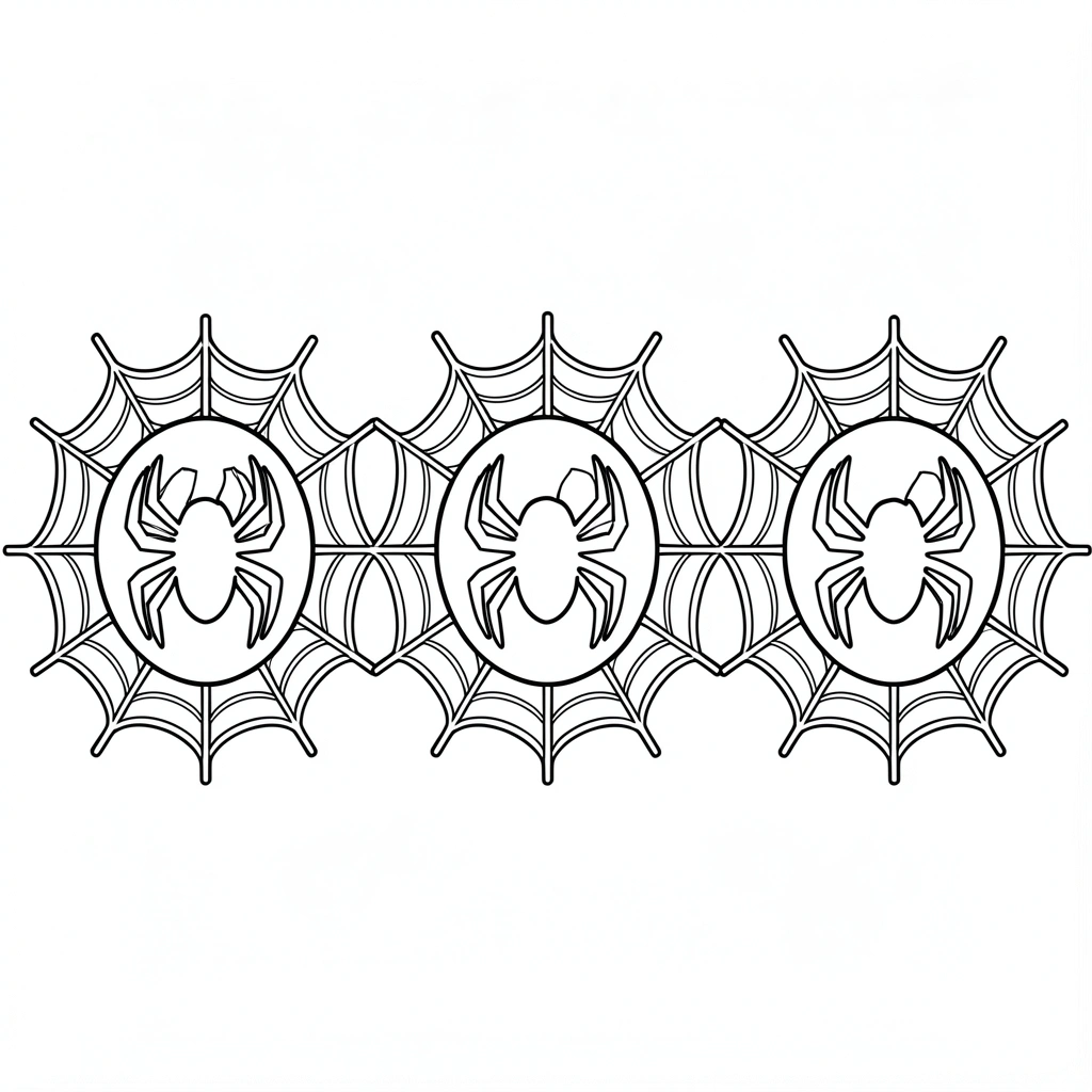 Três máscaras de aranha idênticas em preto e branco, com emblema de teia e olhos grandes, em fundo branco puro.