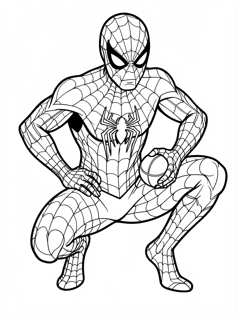 Super-herói agachado em traje de aranha com teia detalhada, mão no quadril e segurando uma bola, arte linear preto e branco, fundo branco puro.