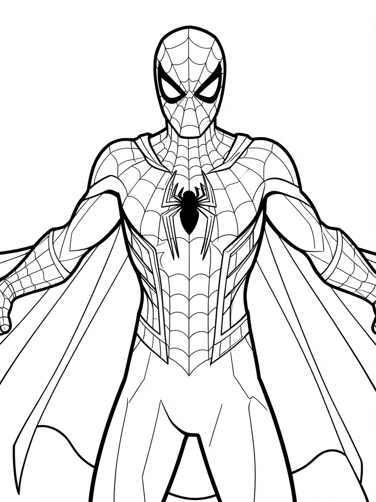 Desenho em preto e branco de Spider-Man com teias no torso, emblema de aranha no peito e capa fluindo, pose heroica.