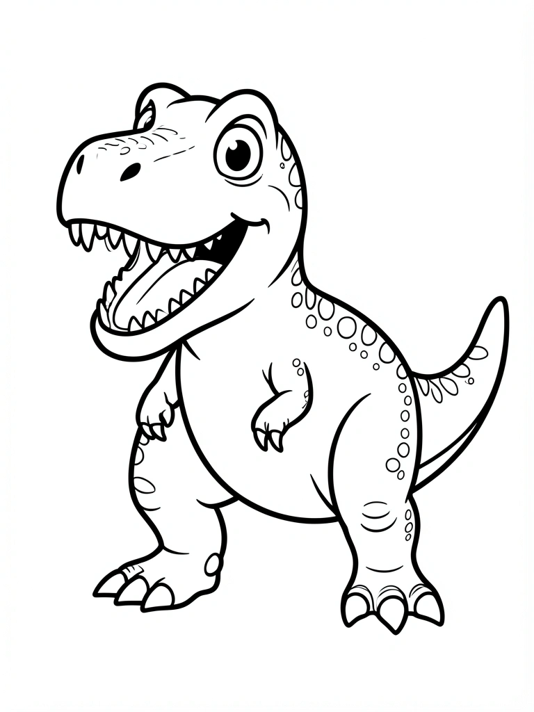 Desenho em preto e branco de um T-Rex cartunesco sorrindo, com olhos grandes e escamas circulares, traço grosso, fundo branco puro.