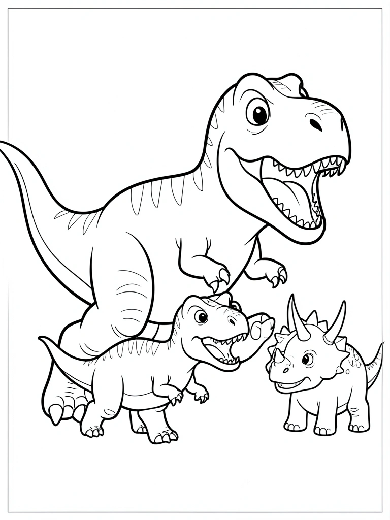 Tiranossauro Rex adulto correndo com filhote na frente, tricerátopo minúsculo ao lado, traços pretos em branco puro, estilo de livro de colorir.