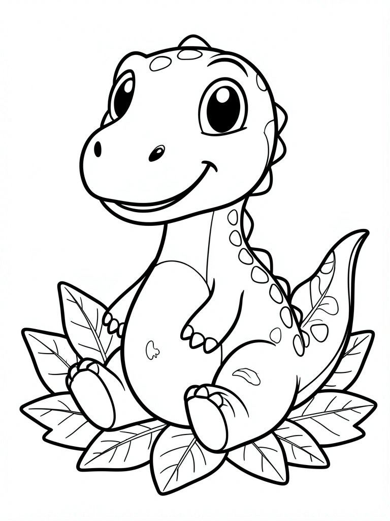 Dinossauro cartum em preto e branco, sentado sobre folhas, com olhos grandes e costas texturizadas, fundo branco.