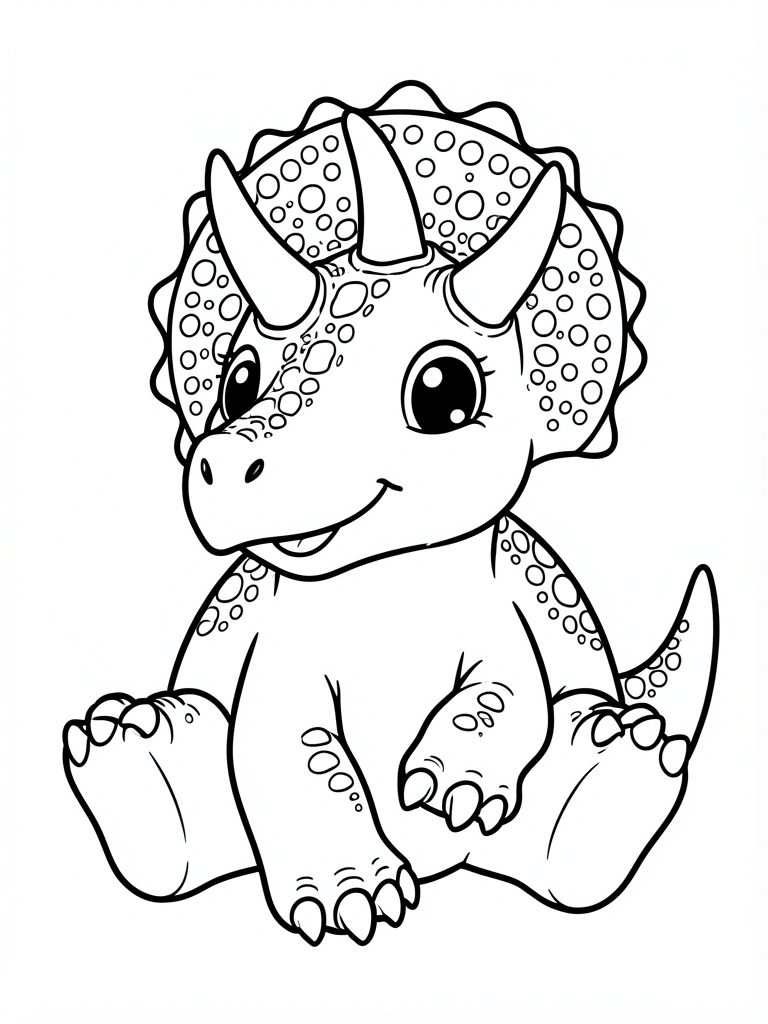 Desenho em preto e branco de um tricerátopo cartunesco sentado, com olhos grandes, chifres e pele texturizada com círculos.