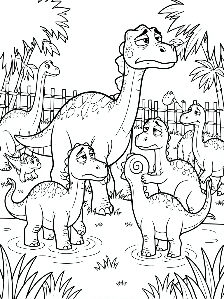Grupo de dinossauros tristes em preto e branco, um grande de pescoço longo, outro menor de cauda encaracolada, bebê agarrado, cercados por grama e cerca de bambu, alguns na água rasa.