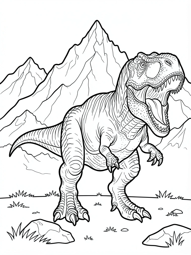 Tiranossauro Rex em pé sobre grama, montanhas ao fundo, linhas pretas grossas, fundo branco, estilo coloring book.