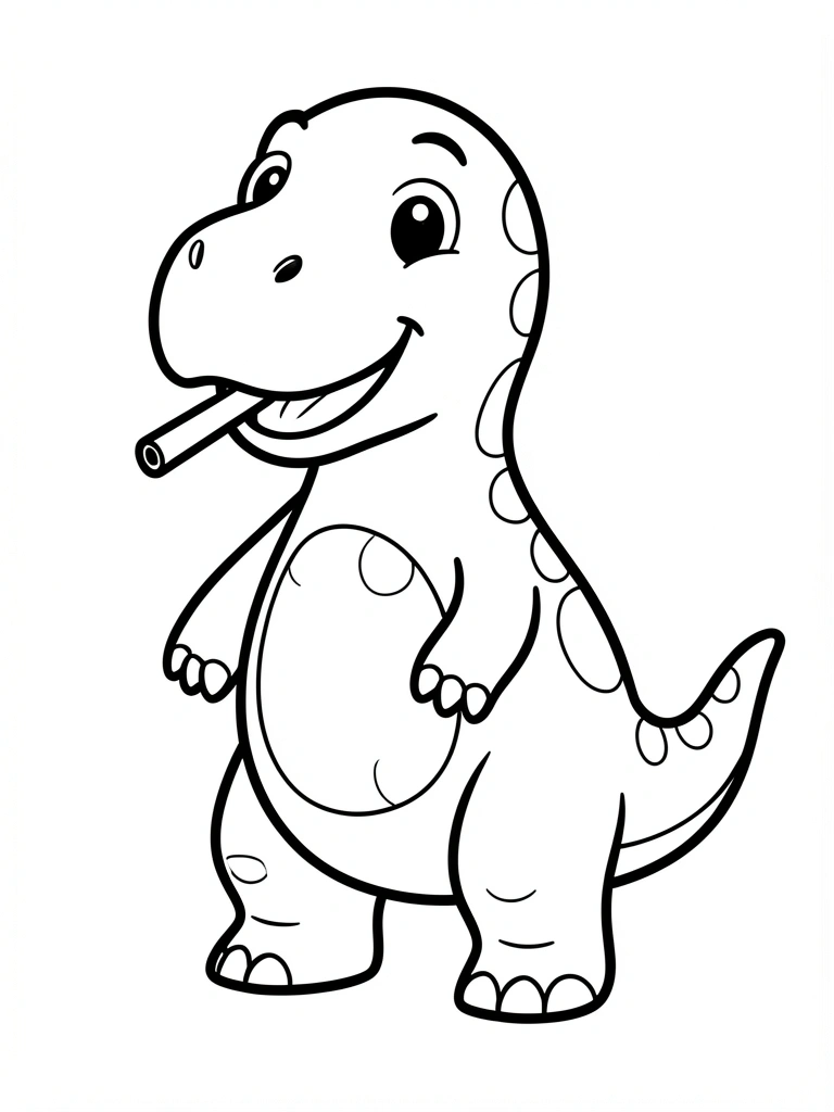 Dinossauro cartum preto e branco segurando um galho na boca, com olhos redondos, barriga texturizada com formas ovais e braços curtos dobrados.