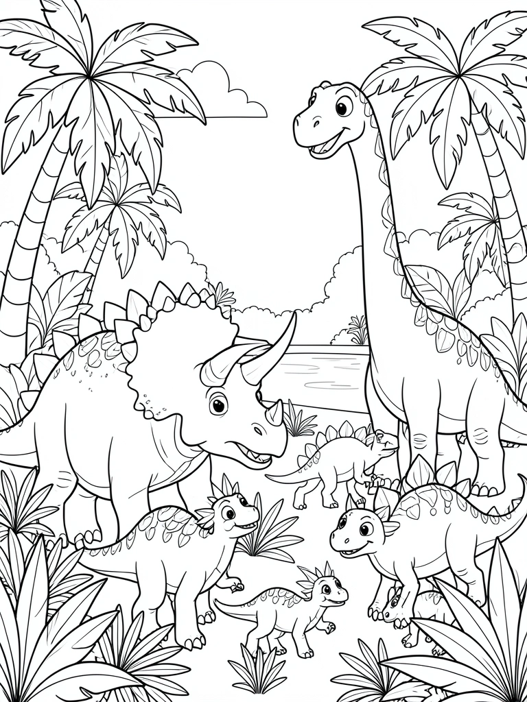 Desenho em preto e branco para colorir: tricerátopo, estegossauro, braquiossauro e compsognatos em selva com palmeiras e água.